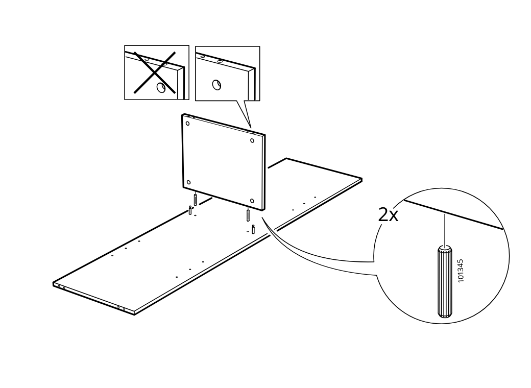 Diagram for step 2: Insert two 101345 wooden dowels into the base panel holes and position the vertical panel onto the base in the correct orientation, as indicated by the do/don't inset.