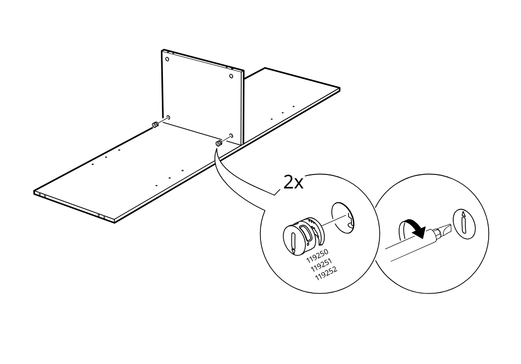 Diagram for step 3: Install and tighten two cam-lock fasteners (119250/119251/119252) from the side to secure the vertical panel to the base panel.