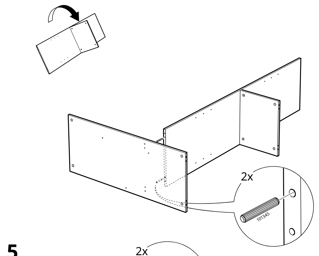 Diagram for step 4: The frame assembly is rotated and two wooden dowels (101345) are inserted into the side panel holes.
