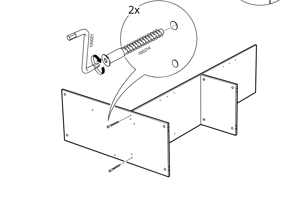 Diagram for step 5: Two screws (100214) are driven into the side panel using the included hex key to secure the assembly.