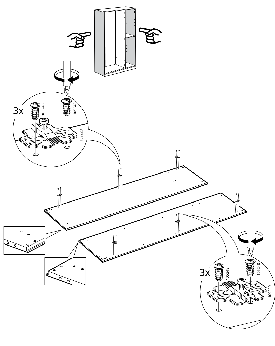 Diagram for step 6: The user identifies board orientation with corner close-ups and installs three 109220 bracket plates on each of two long panels using 105248 screws tightened with a screwdriver.