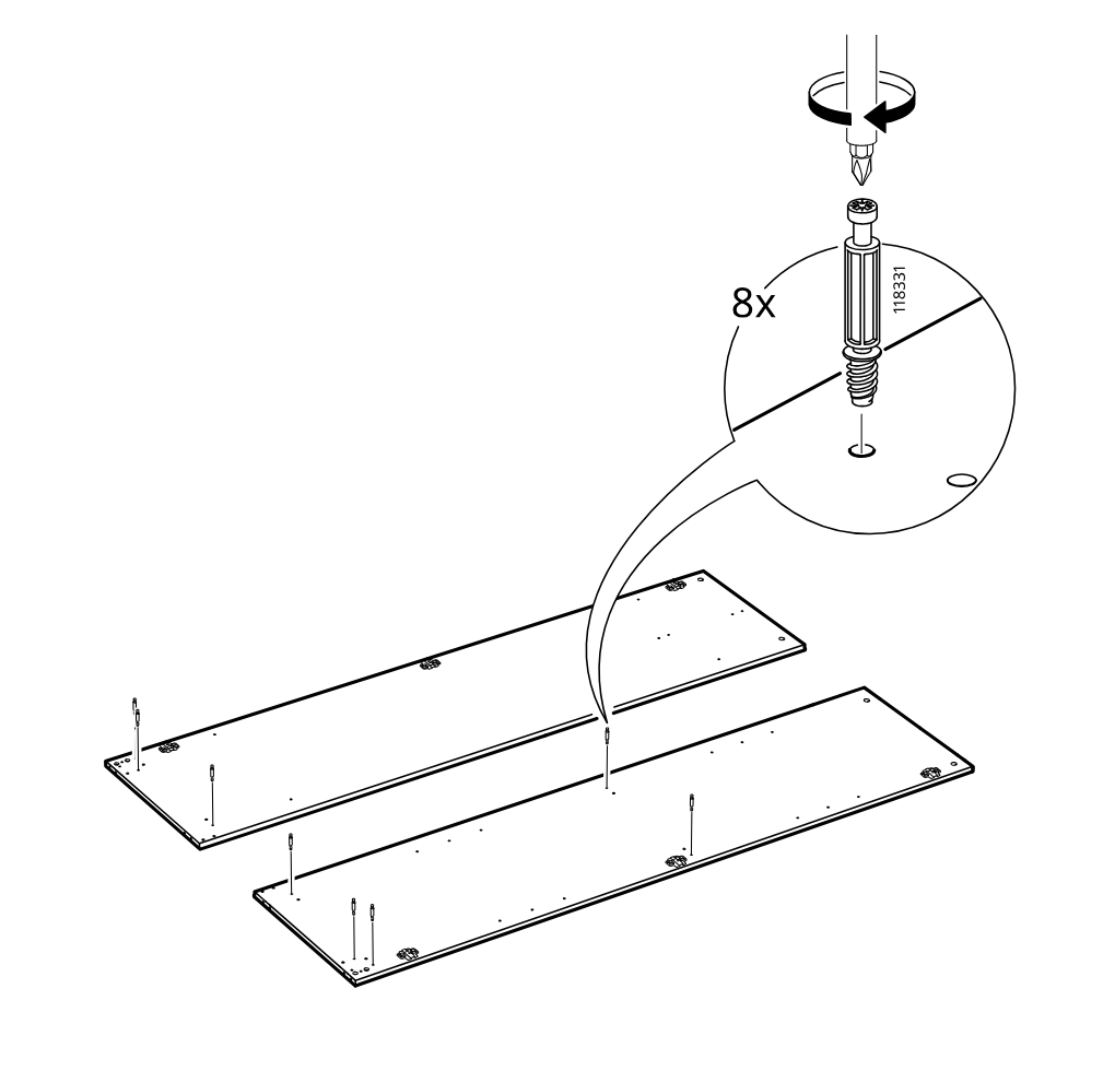 Diagram for step 7: Eight cam screws (118331) are inserted and tightened into the predrilled holes on the long and short panels, as shown in the zoomed detail.