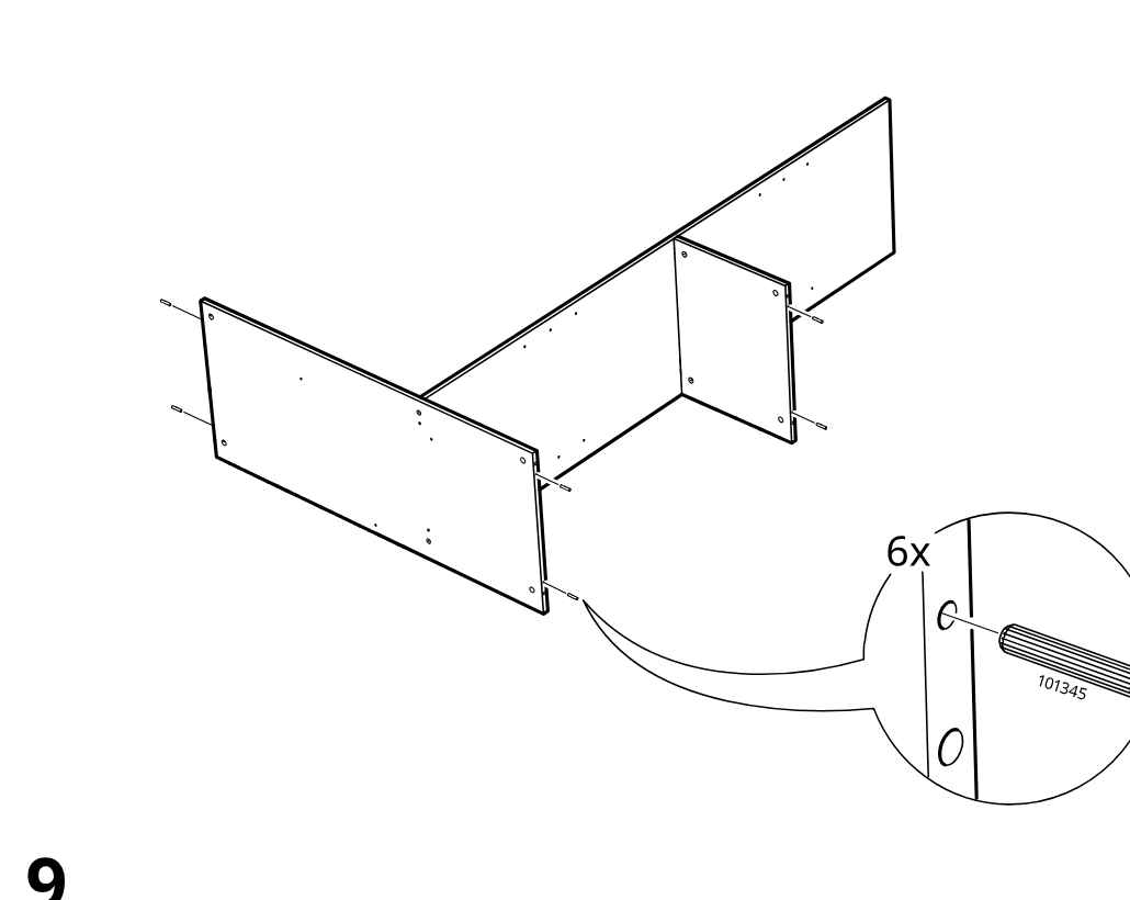 Diagram for step 8: The side and divider panels are aligned onto the long panel and six wooden dowels (101345) are inserted at the indicated joints, as shown in the zoom callout.