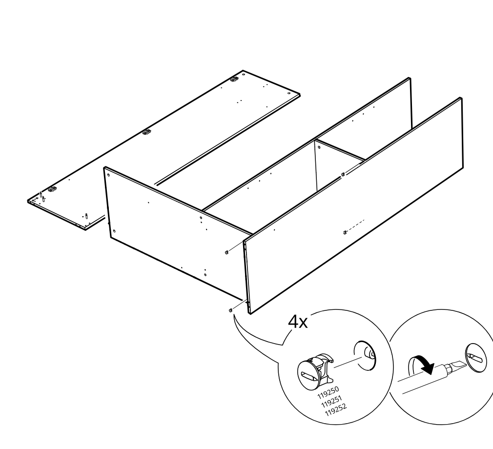 Diagram for step 10: The cabinet frame is assembled and four cam locks are inserted and tightened using a screwdriver, as shown in the two zoom callouts.