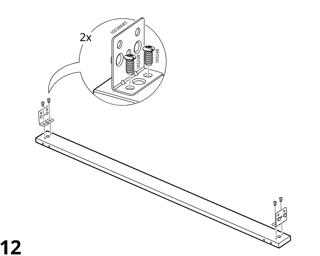 Diagram for step 11: Attach two angle brackets to both ends of the long rail using two screws per bracket, as shown in the zoom inset.