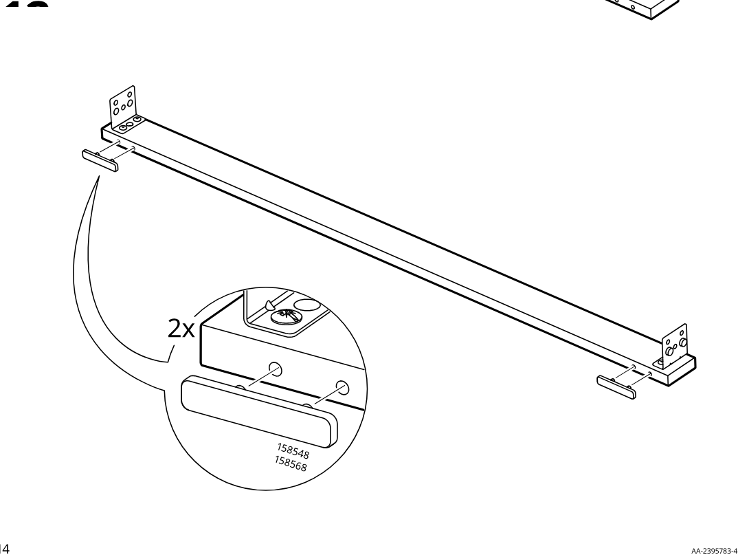 Diagram for step 12: Slide two end caps onto the protruding pins at the rail ends and press them into place, as shown in the zoom inset.