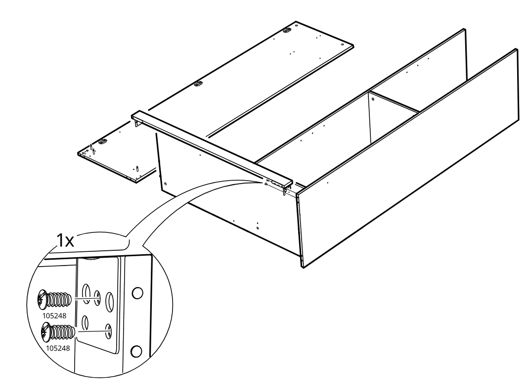 Diagram for step 13: The side and internal panels are aligned and connected at the front corner using two screws (105248) in the shown bracketed joint.