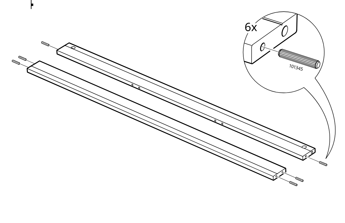 Diagram for step 14: Two long rails are prepared by inserting six dowels (101345) into the predrilled end and side holes as indicated in the zoom callout.