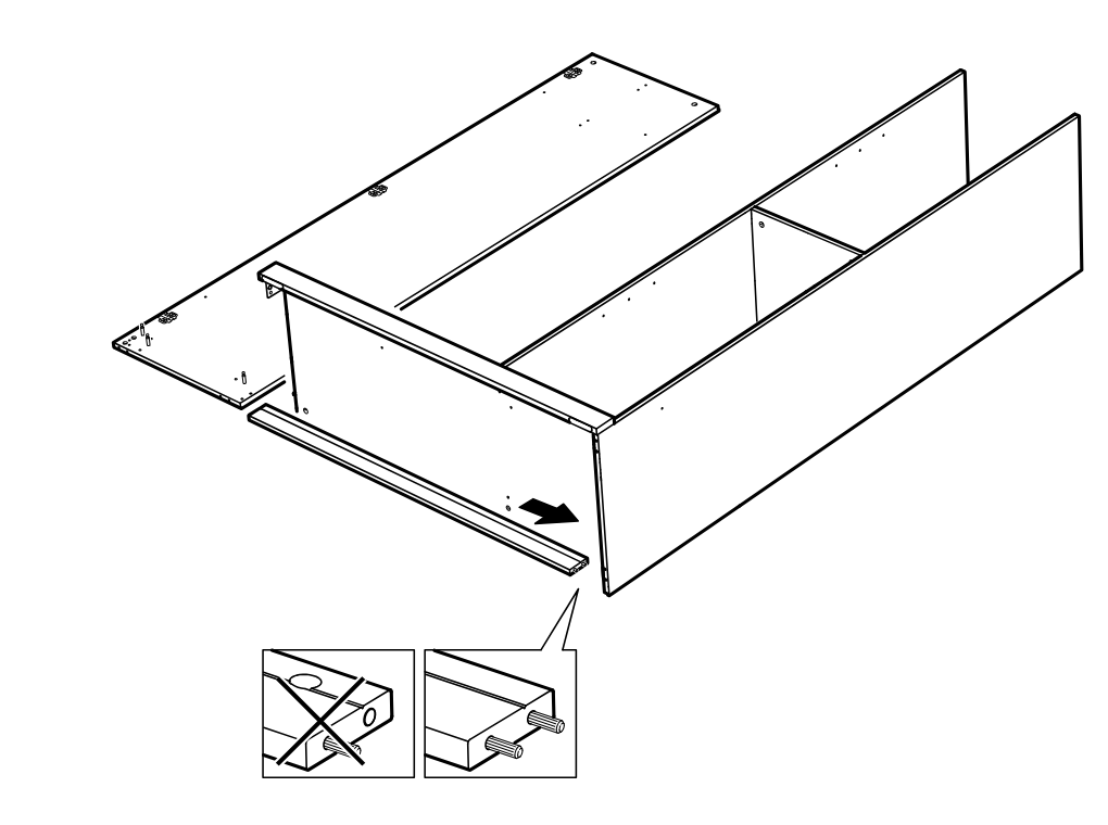 Diagram for step 15: The front rail is slid into place on the side/front panel assembly, with inset guidance showing correct dowel alignment and forbidden orientation.