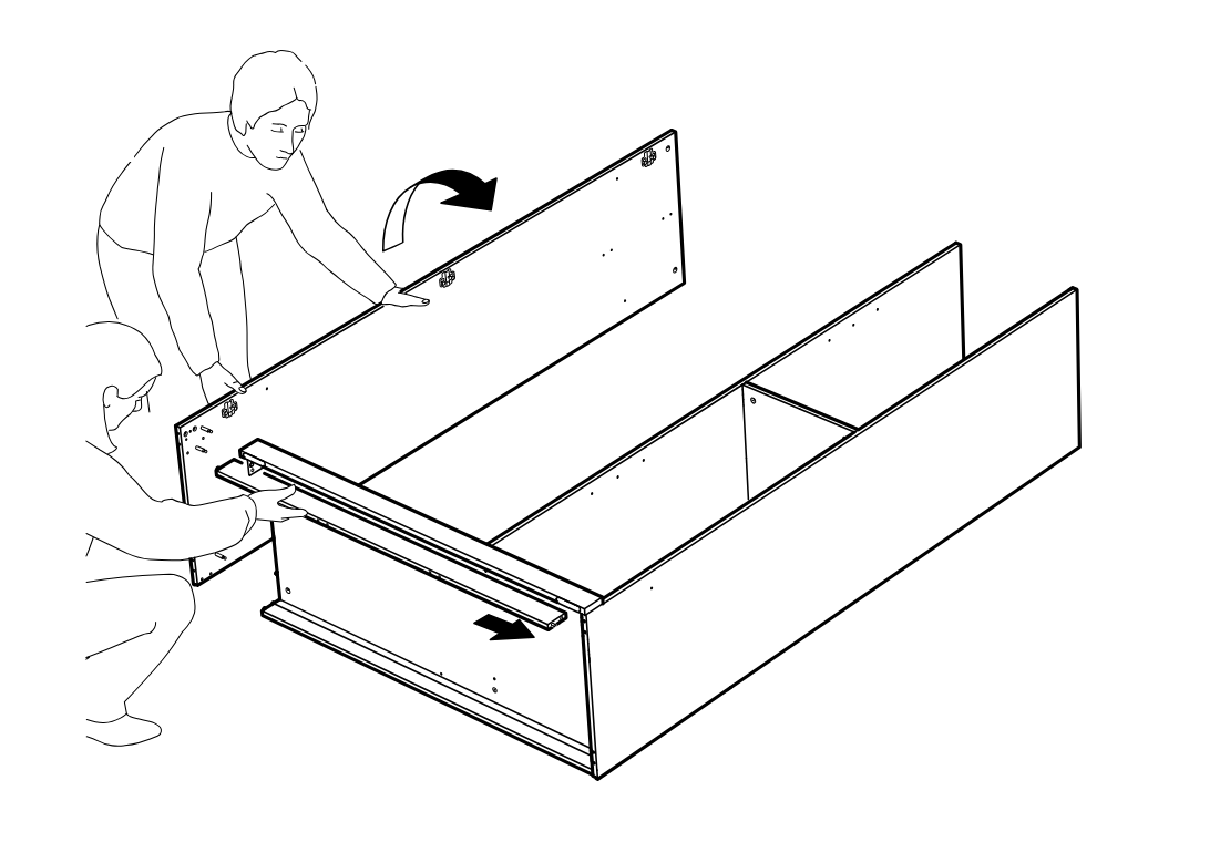 Diagram for step 16: Two people position and rotate the large side panel onto the frame while sliding the front rail to engage and align the connections.