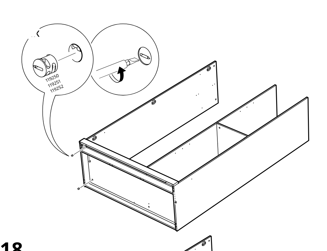 Diagram for step 17: The cam locks are inserted and turned to secure the upper side panel assembly, with a zoom callout showing the lock orientation and rotation.