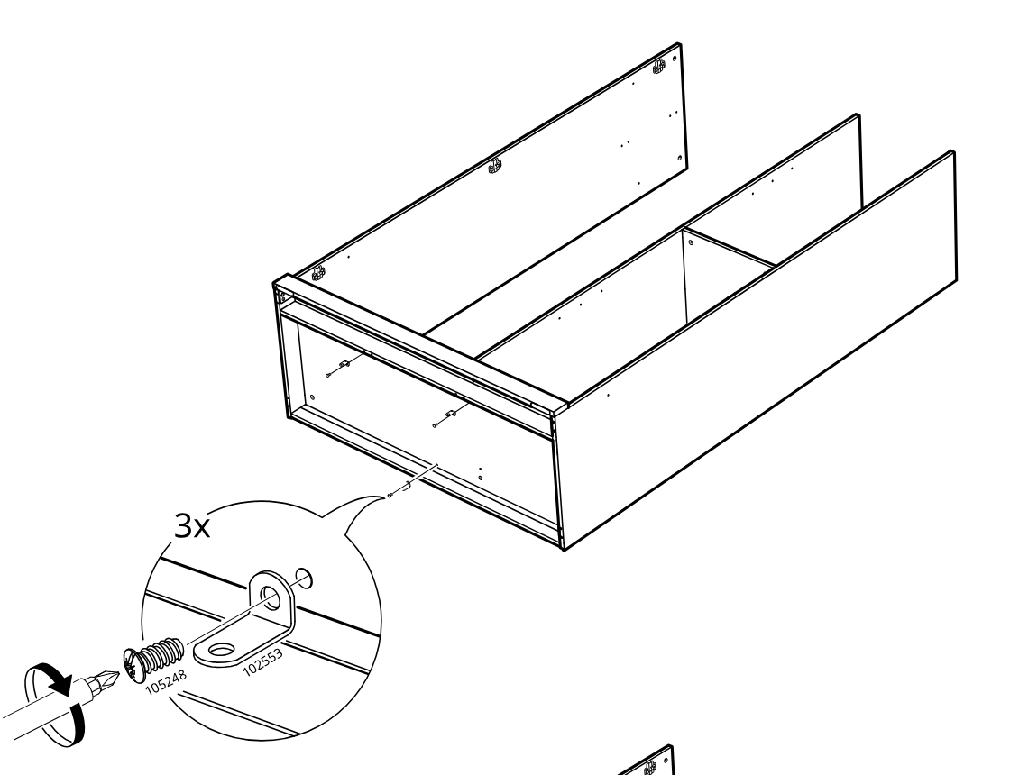 Diagram for step 19: Attach three angle brackets to the front inside area using screw 105248 into bracket 102553 with a screwdriver.