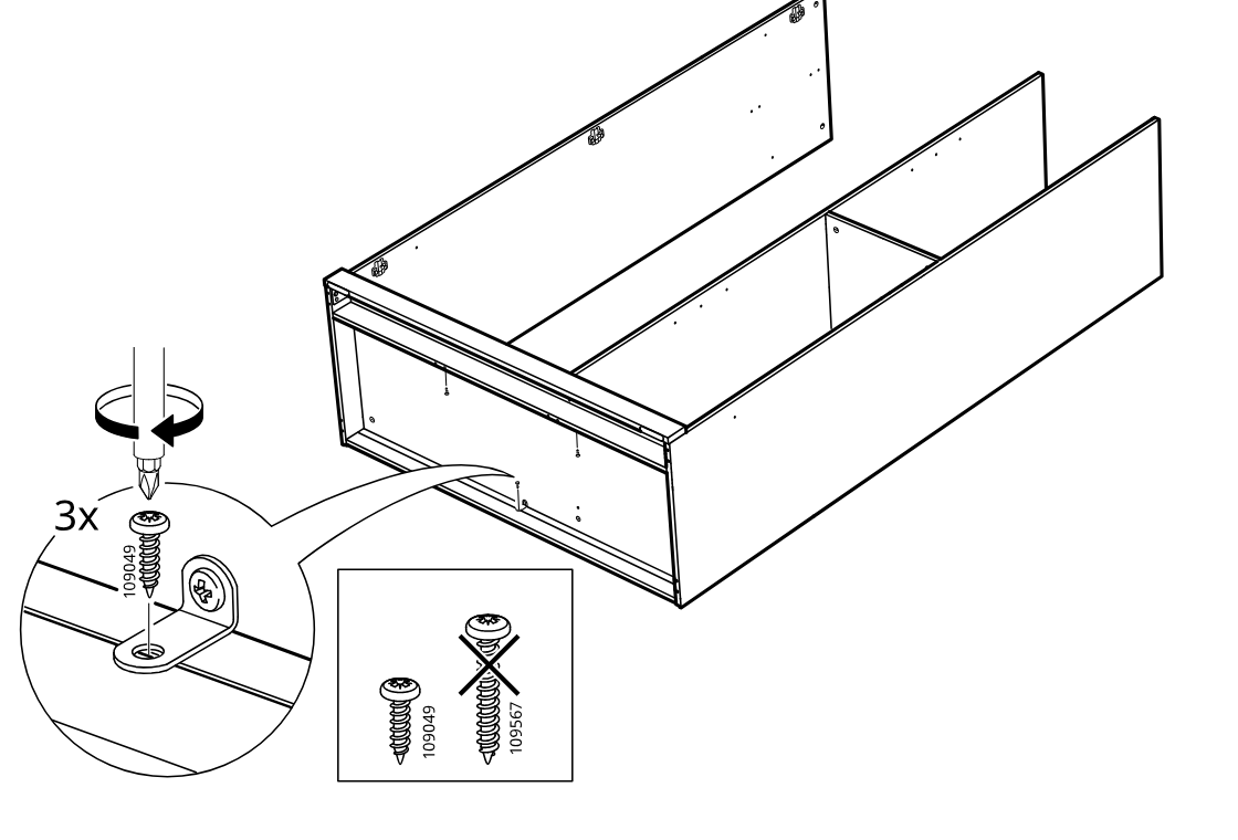 Diagram for step 20: Fasten three screws 109049 vertically into the same bracket points and use only the approved screw type, not 109567.