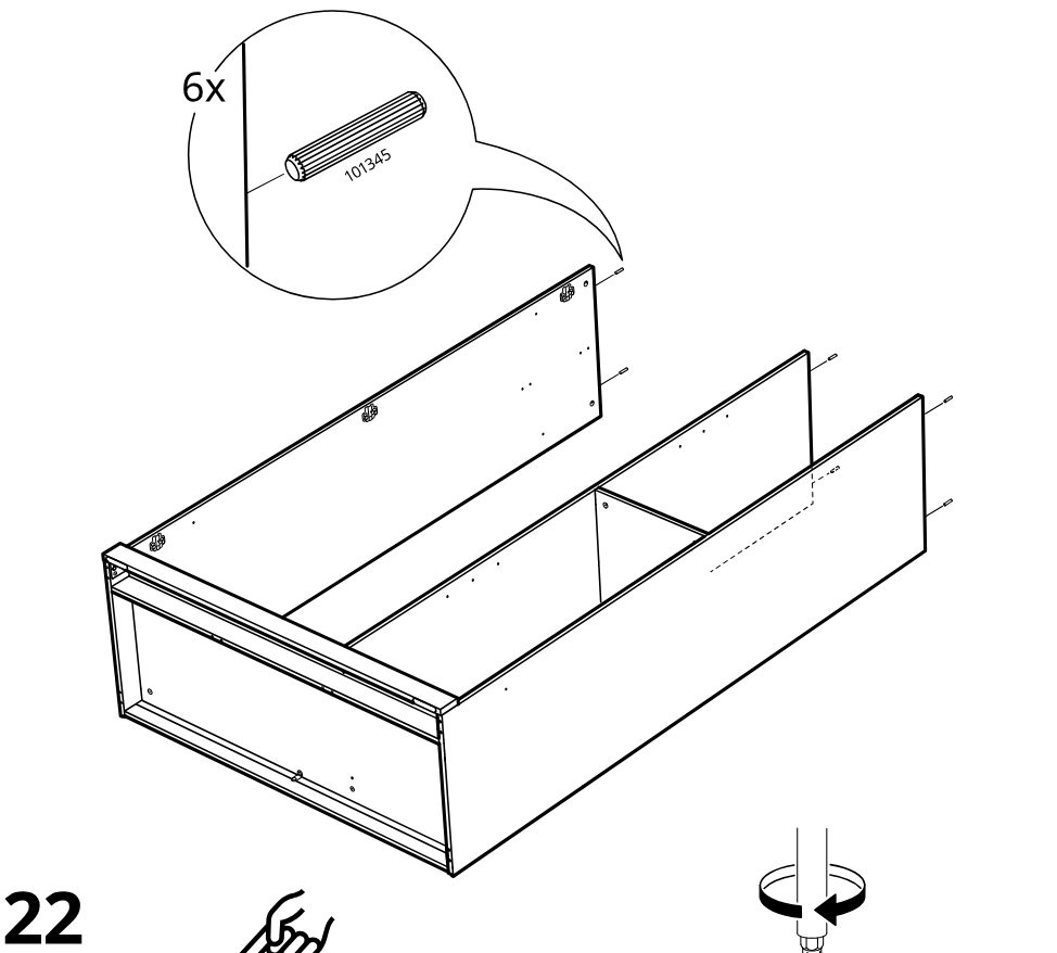 Diagram for step 21: Six wooden dowels are inserted into the side panel and the panel is positioned onto the drawer-like frame assembly.