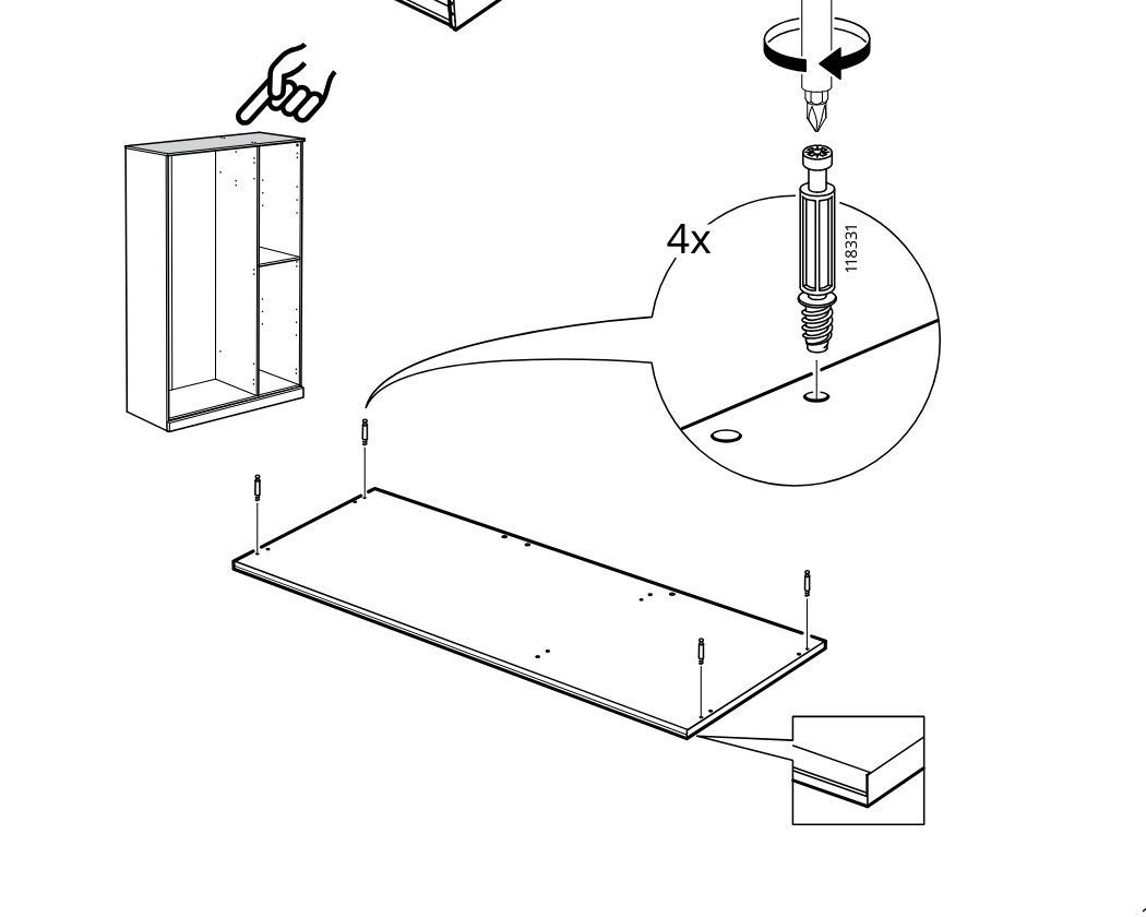 Diagram for step 22: Four cam screws are installed into the large bottom panel, with a close-up showing screw orientation and the board edge direction.