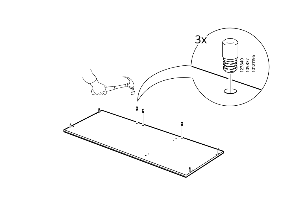 Diagram for step 23: Insert three 101239/1002840 studs into the board and tap them in with a hammer, as shown in the zoom callout.