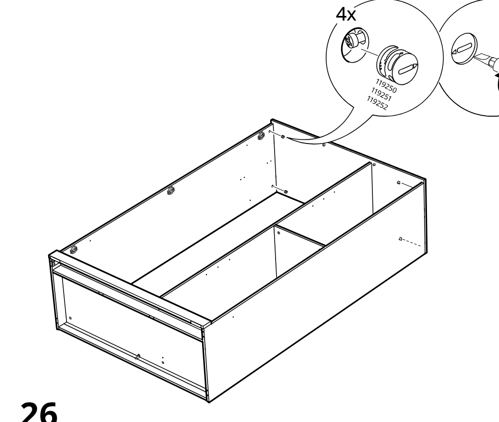 Diagram for step 25: The builder inserts and turns four cam lock covers/fittings into the cabinet side holes using a flat screwdriver.