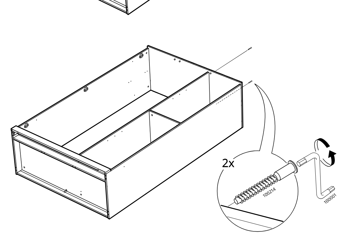 Diagram for step 26: The builder drives two long screws into the right side of the cabinet using the included hex key.