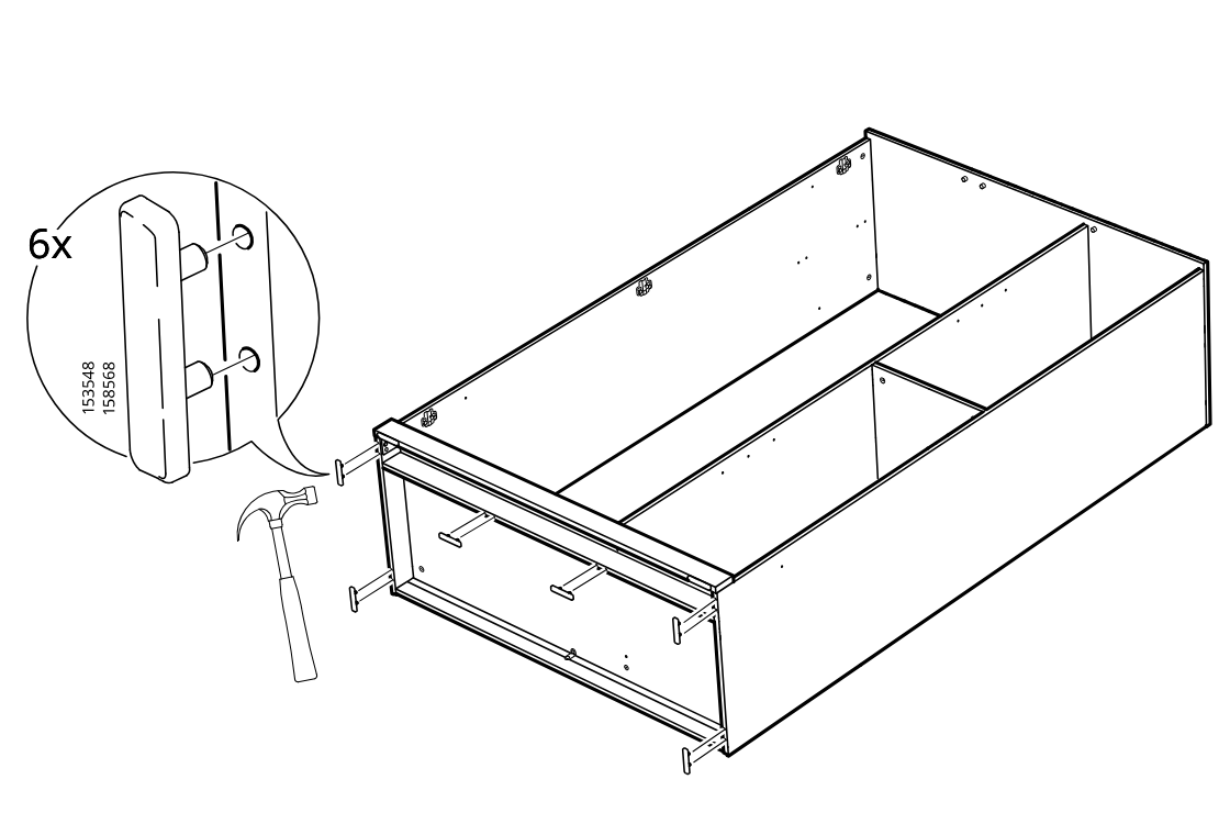 Diagram for step 27: The assembler inserts and taps in six side pegs/plugs at the marked front holes using a hammer.