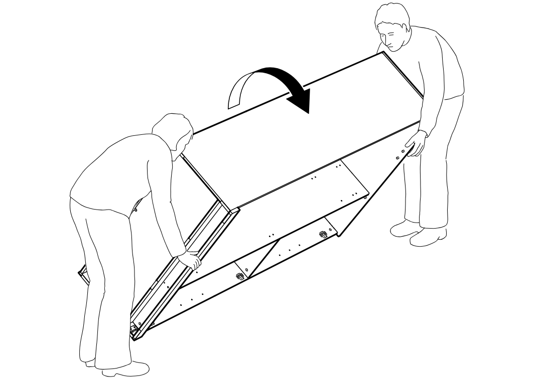 Diagram for step 28: Two people rotate the assembled frame over together in the direction shown by the curved arrow.