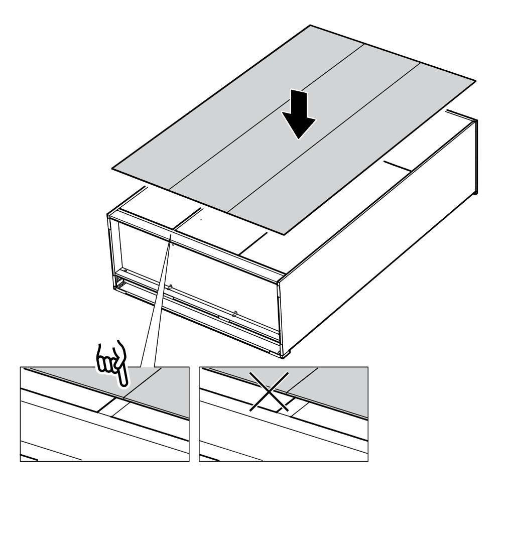 Diagram for step 29: The panel is lowered onto the frame and aligned so the seam sits correctly, with callouts showing the correct placement and an incorrect offset position.
