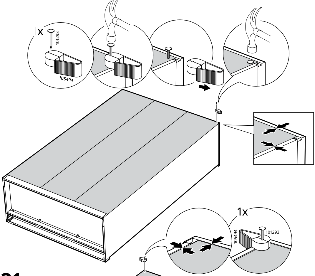 Diagram for step 30: Install one 105494 clip with pin 101293 into the top corner hole and press it fully into position at the cabinet edge as indicated.