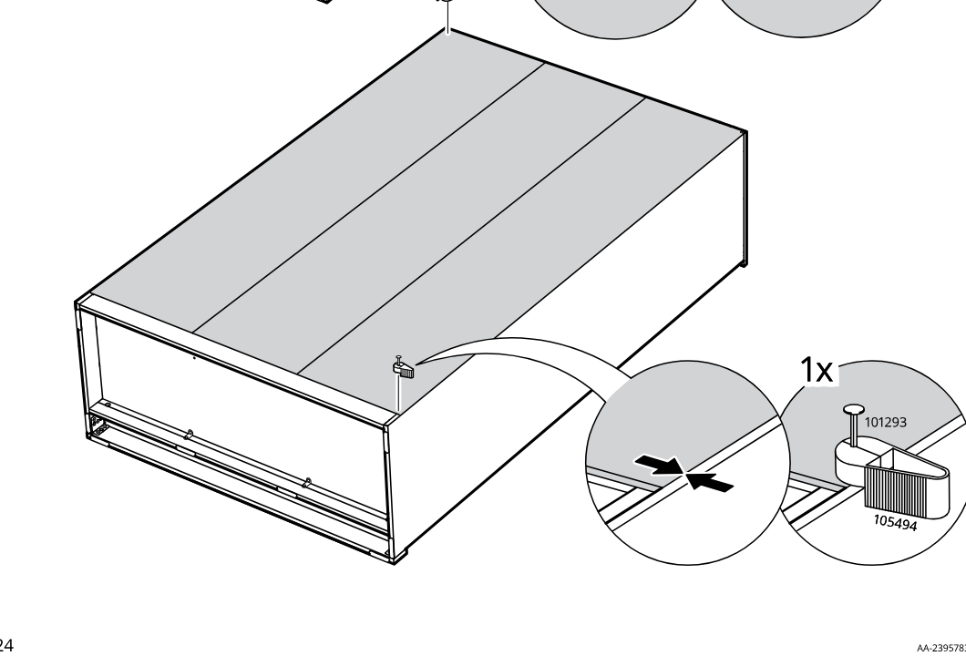 Diagram for step 31: Install one 105494 clip with pin 101293 at the next top corner position and press it into the seam until seated.
