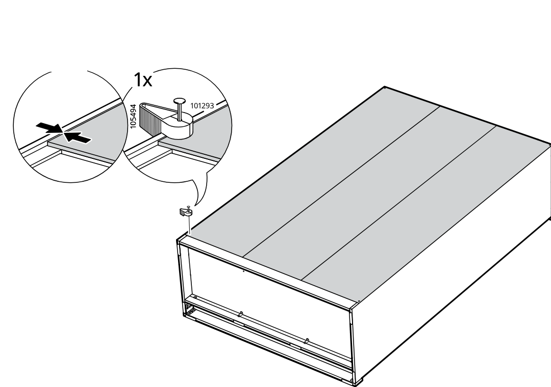 Diagram for step 32: Press the panel joint into place and install one 101293 fastener at the indicated corner using part 105494.