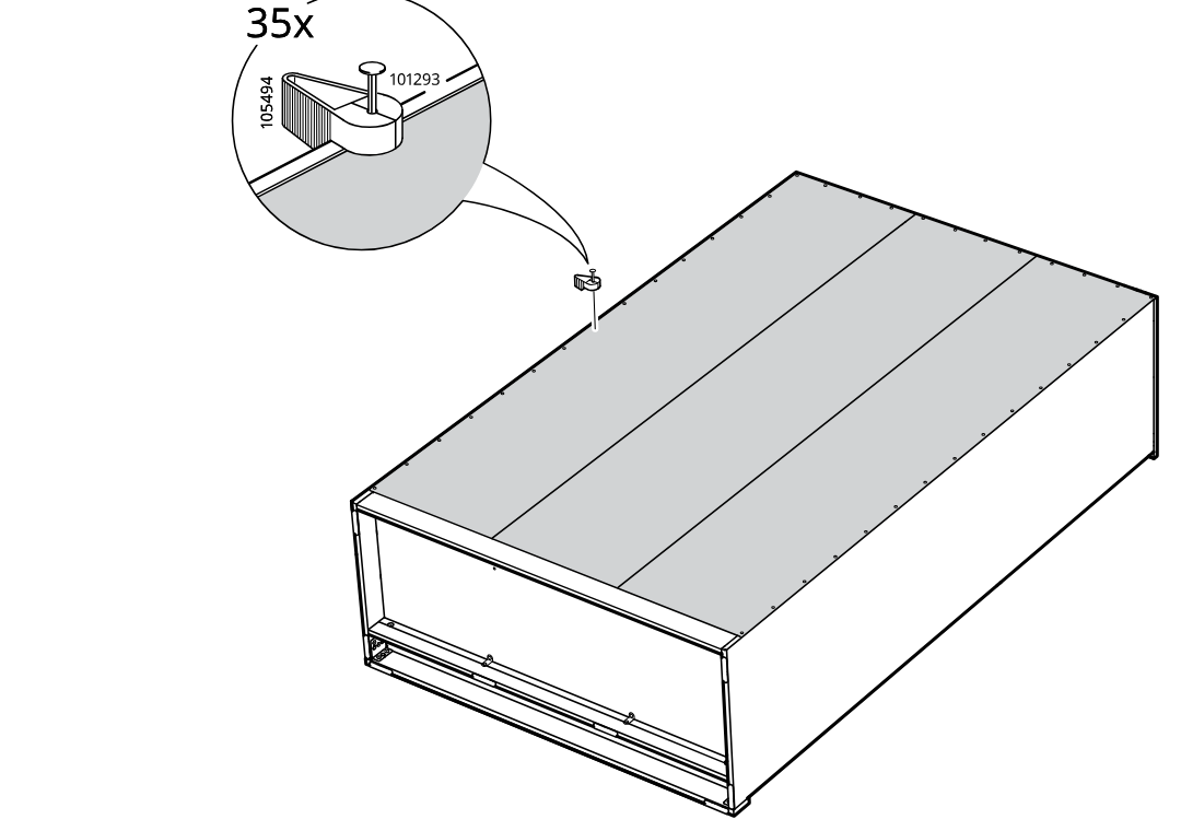 Diagram for step 33: Install 35 of the 101293 fasteners with 105494 around the top perimeter of the unit.