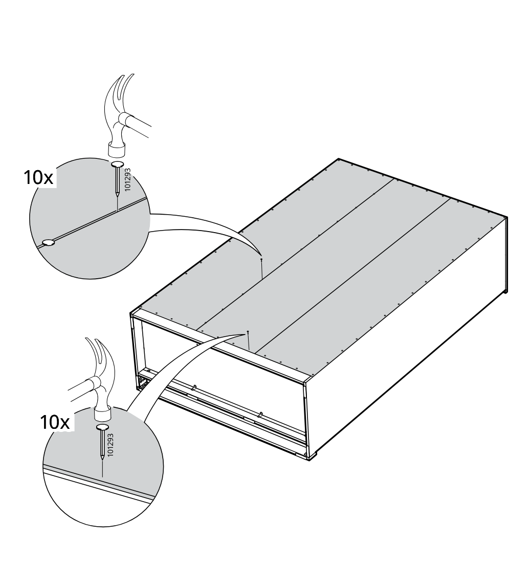 Diagram for step 34: The assembler secures the back panel to the frame by hammering in part 101293 at two highlighted areas, 10 times each.
