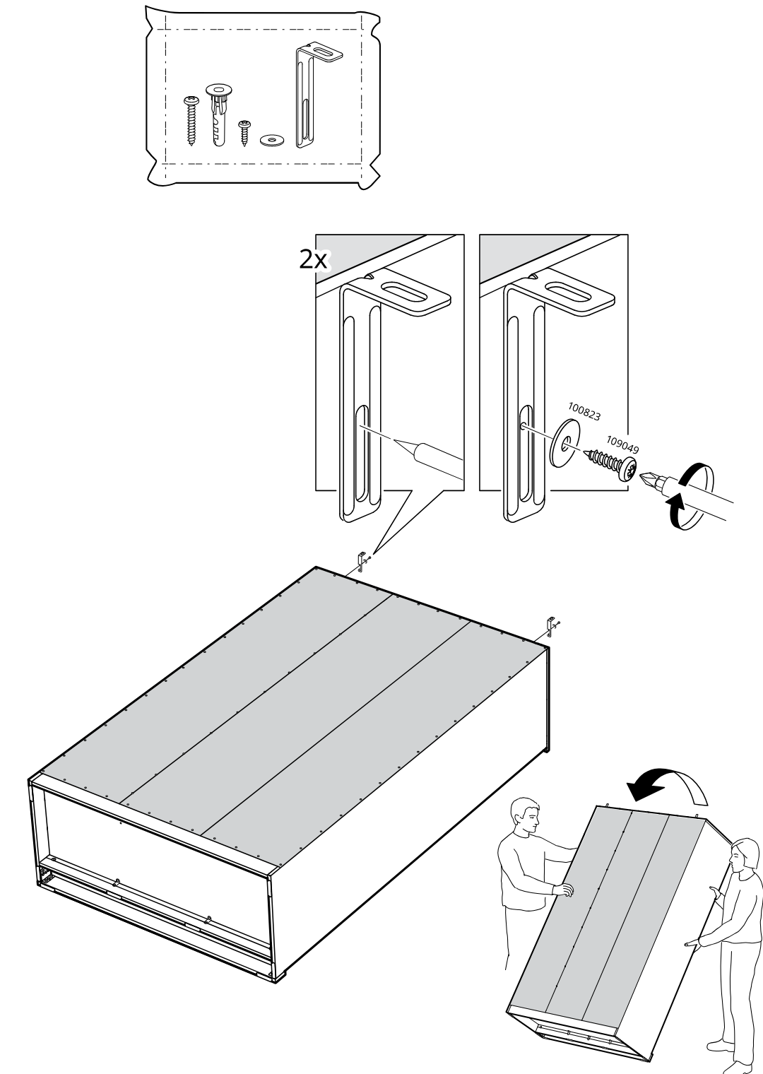 Diagram for step 35: Attach the two wall-fixing brackets with the specified washer and screw hardware, then lift and tilt the assembled unit upright with two people.