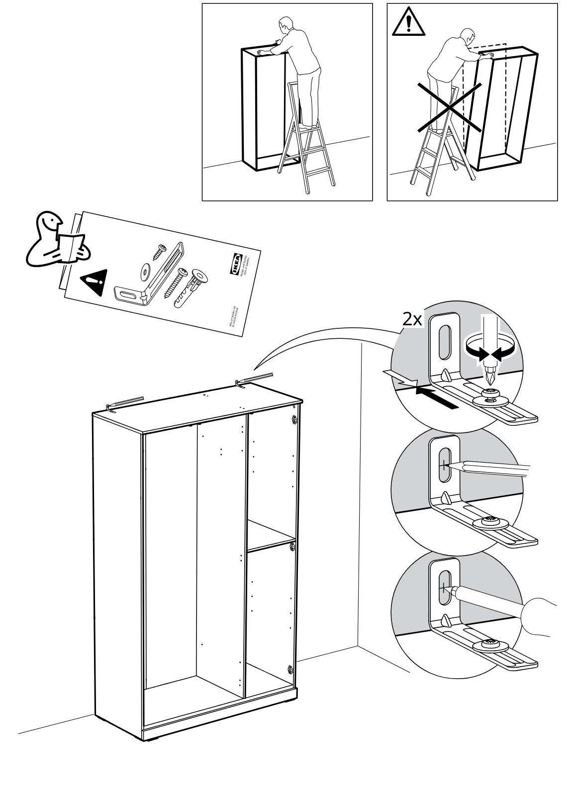 Diagram for step 36: The cabinet is secured to the wall at two top brackets using wall-appropriate fasteners, with zoom callouts showing to position the bracket, mark, pre-drill, and tighten the screw.