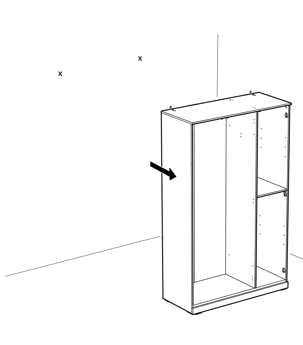 Diagram for step 37: The cabinet frame is shown upright and positioned against the wall, with arrows indicating it should be moved back into place.