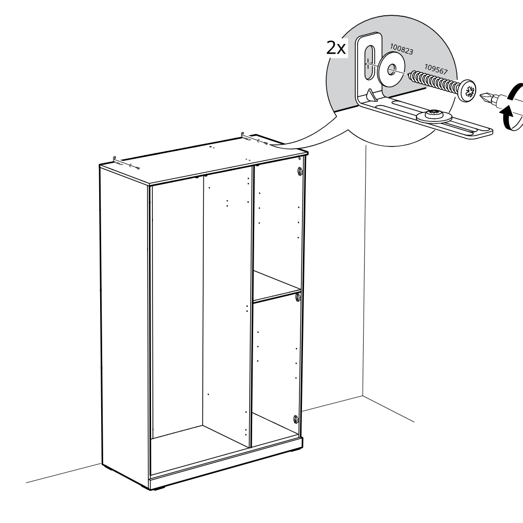 Diagram for step 39: The cabinet frame is shown upright while two top mounting brackets are secured using screws, with a zoomed inset indicating the screw orientation and tightening direction.