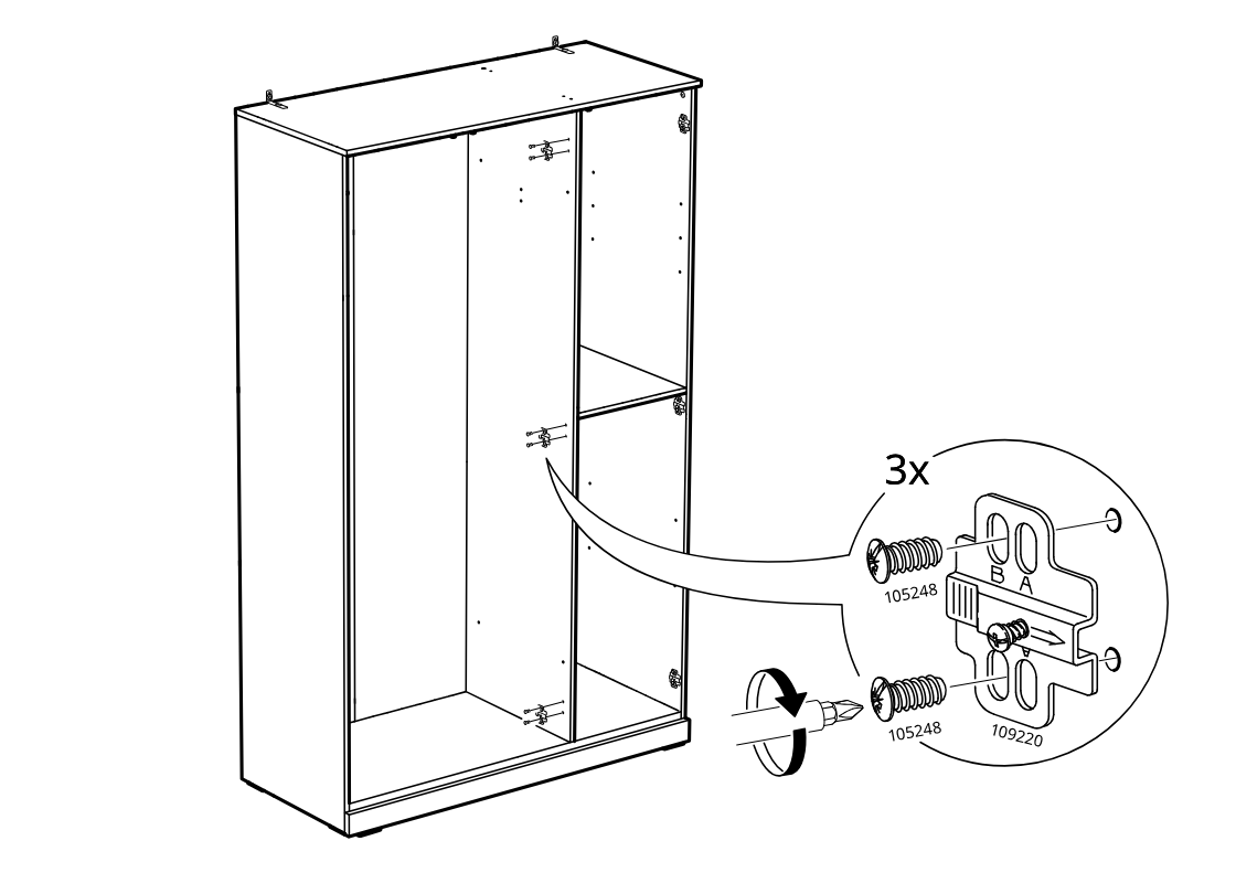 Diagram for step 40: The bracket plates are positioned in the cabinet and secured with screws in three locations, with a zoom inset showing the plate orientation and tightening direction.