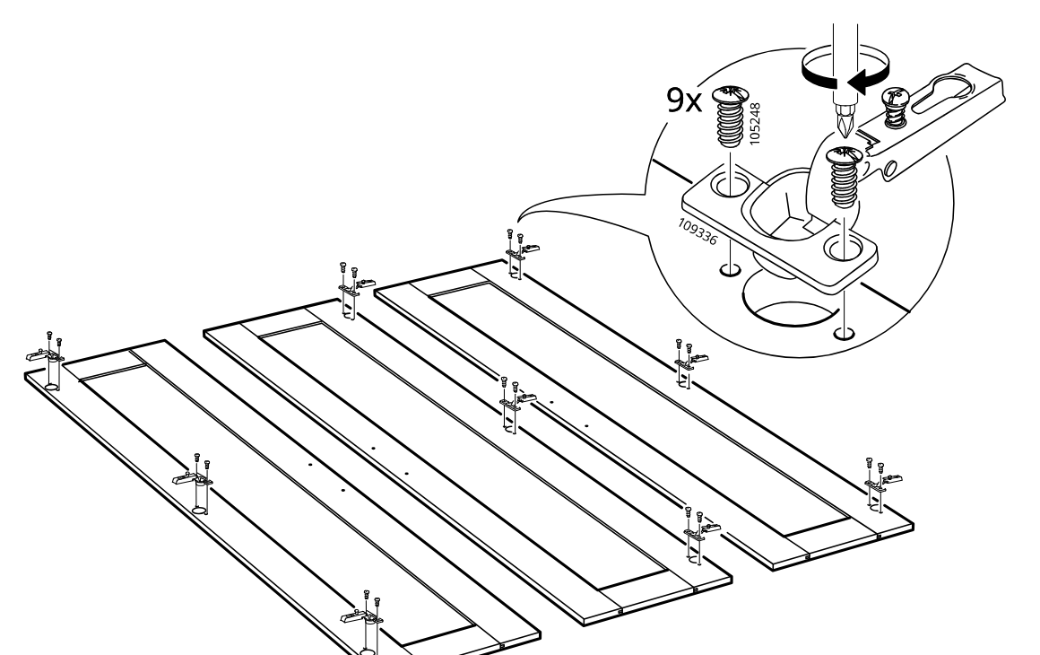 Diagram for step 41: Nine screws are tightened into the mounting plates on the laid-out door panels, with a zoom inset showing screwdriver rotation and fastener placement.
