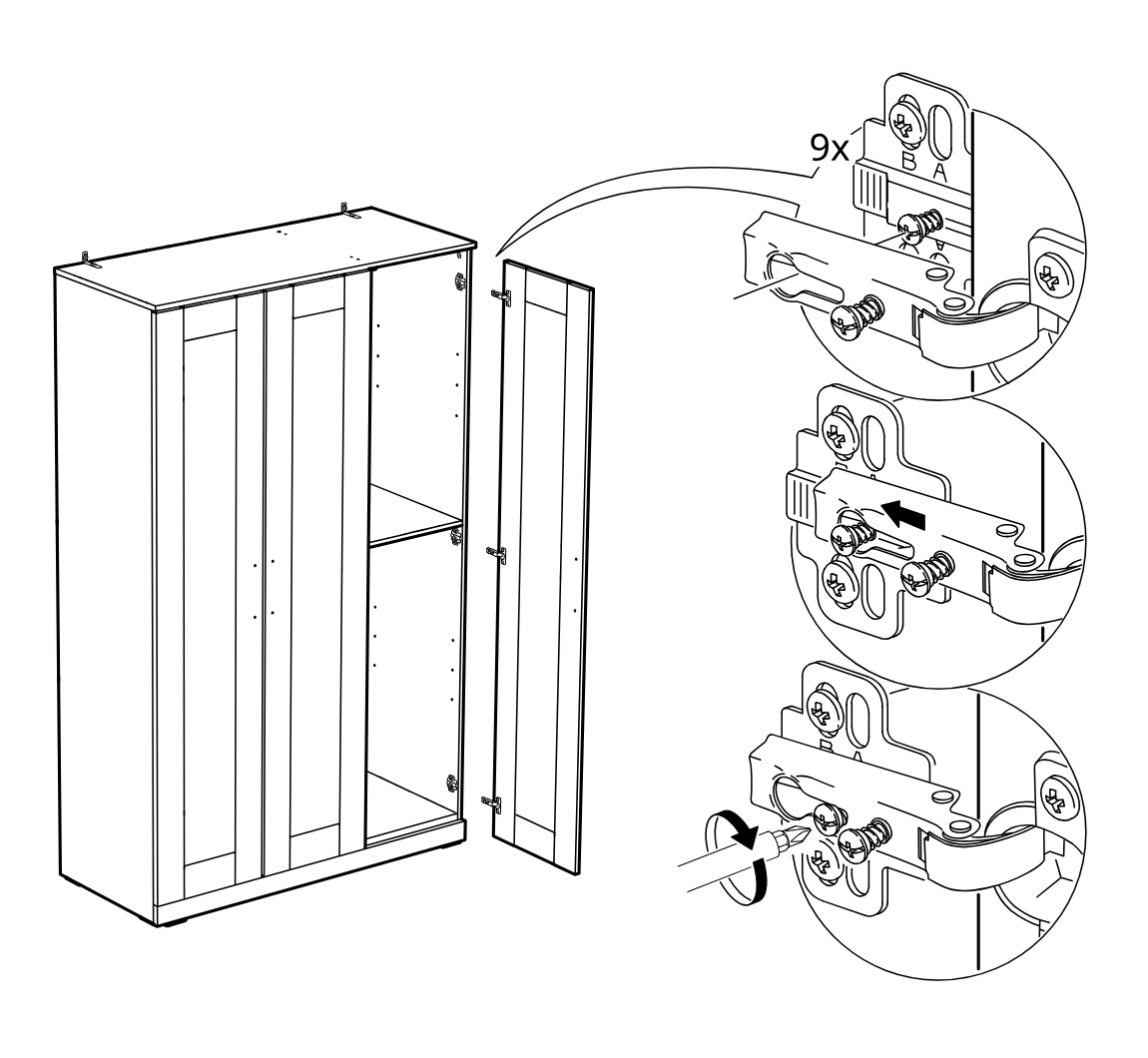 Diagram for step 42: The door is aligned to the hinge plates and secured by tightening the hinge screws, repeated for a total of 9 hinge fixings.