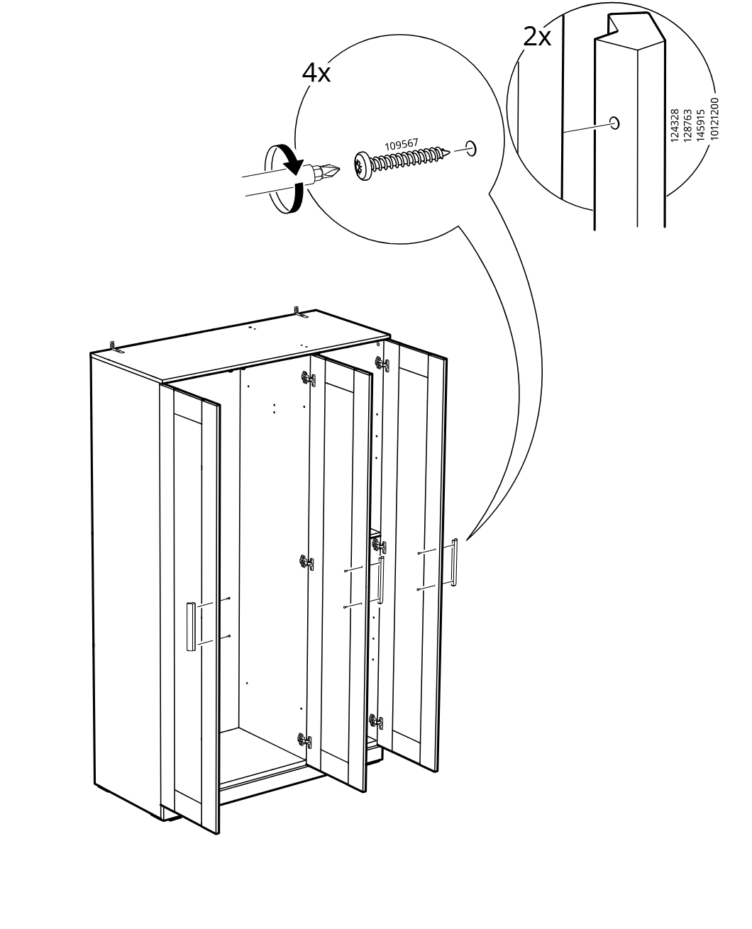 Diagram for step 43: The handles are fastened onto the cabinet doors using four screws, with two handle placements indicated for two door variants.
