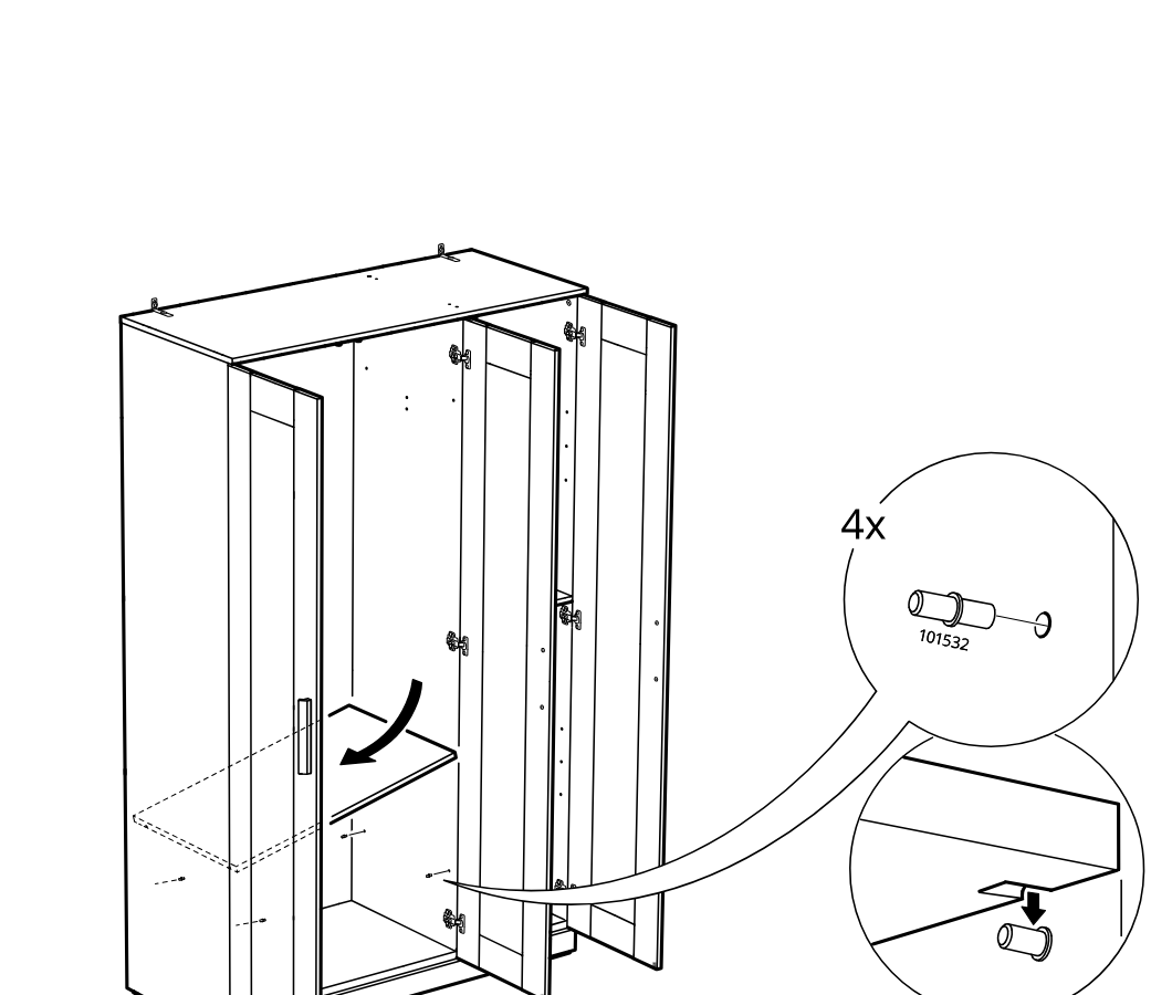 Diagram for step 44: The shelf is inserted into the cabinet and secured using four 101532 pins, with zoom callouts showing the pin part and insertion direction.
