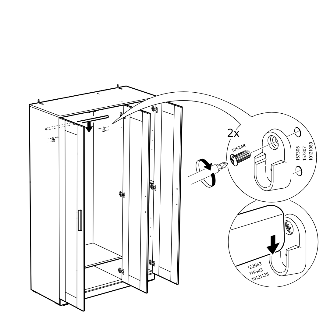Diagram for step 45: The installer positions and secures the top sliding-door guide hardware with screws, then seats the door downward into the guide as shown in the enlarged callouts.
