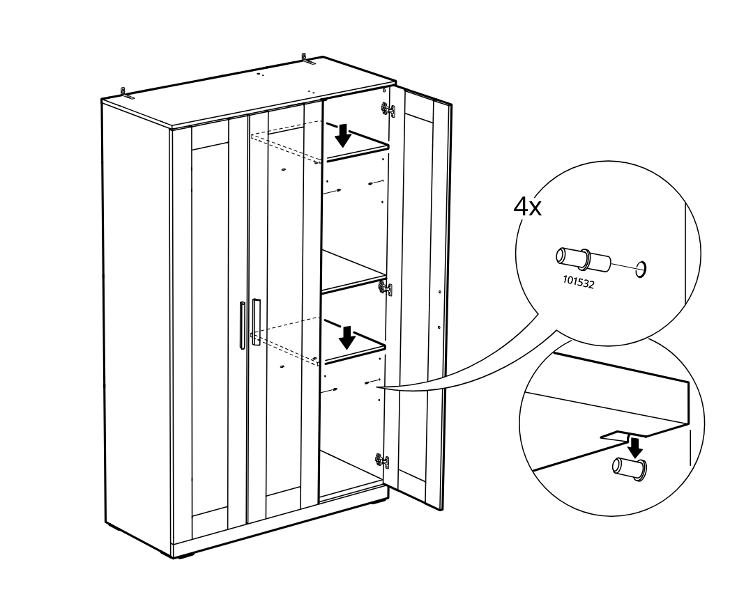 Diagram for step 46: Insert four shelf support pins (101532) into the cabinet side holes and place two shelves onto the supports at the indicated heights.