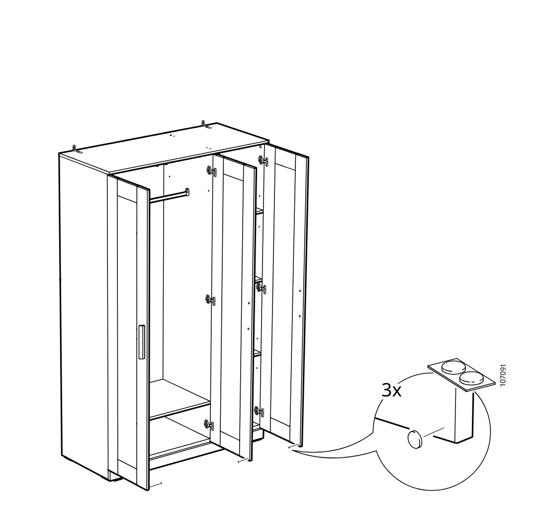 Diagram for step 47: Attach three adhesive bumper pads (part 107091) to the indicated inner side area of the cabinet doors, as shown in the zoom callout.