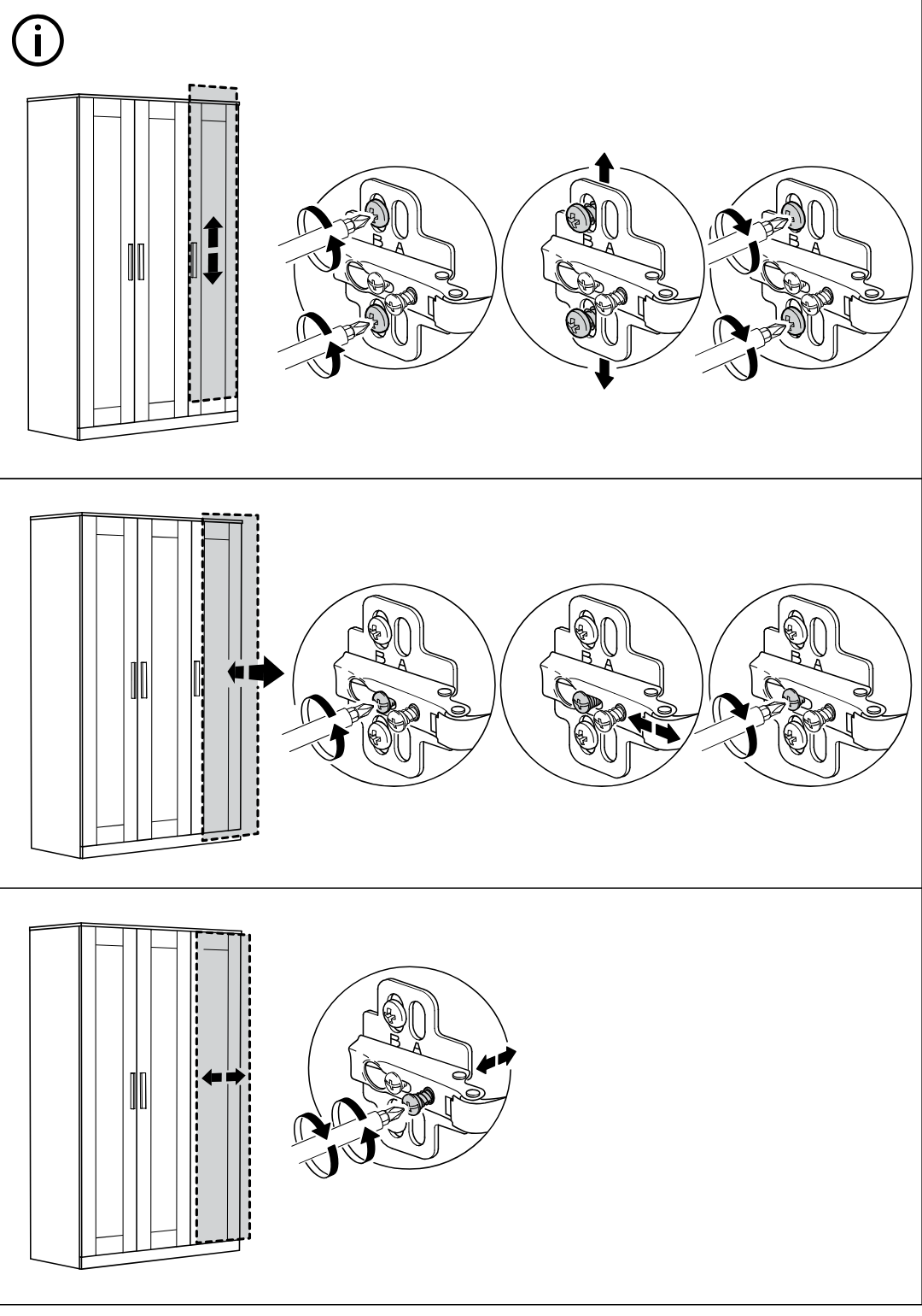 Illustration for assembly note: Standalone circled-info panel shows three door hinge adjustment procedures: vertical adjustment, depth/lateral adjustment, and fine alignment using hinge screws with directional arrows.