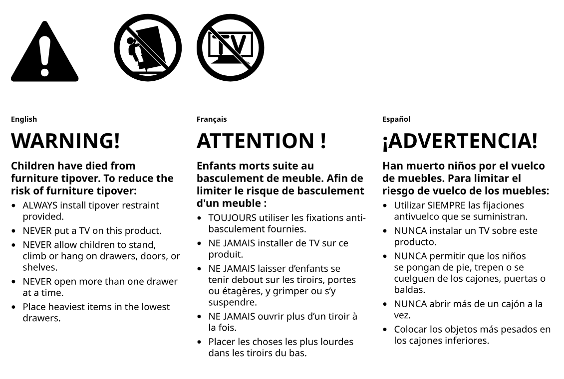 Illustration for assembly note: General anti-tipover safety warning panel with hazard icons and multilingual instructions (English, French, Spanish) about securing furniture, avoiding TV placement, preventing climbing, limiting open drawers, and placing heavy items low.