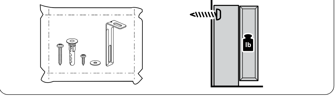 Illustration for assembly note: Hardware-bag and load guidance panel indicating wall-fixing hardware and that assembly/load support depends on proper wall attachment.
