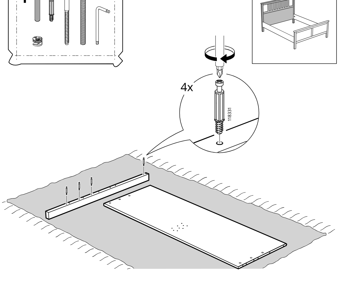 Diagram for step 1: The panel and long rail are laid on a soft surface, and four cam screws (118331) are turned into the rail with a screwdriver.