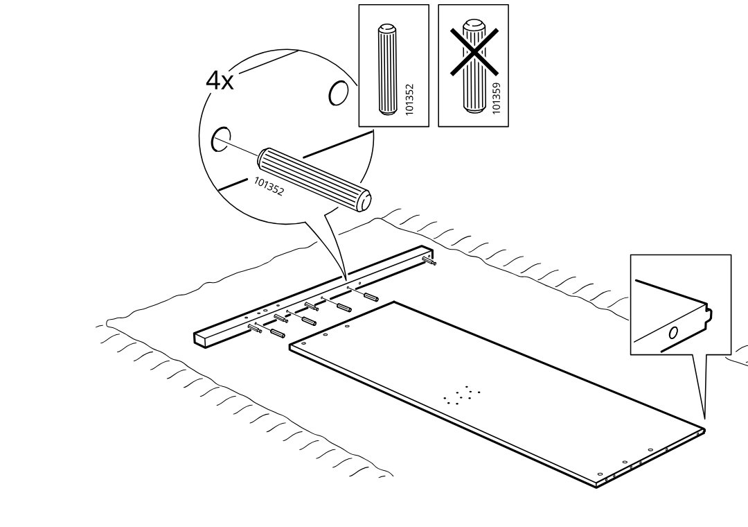 Diagram for step 2: Insert four 101352 wooden dowels into the rail and align the panel edge orientation as shown.