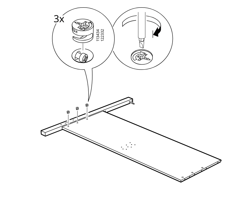 Diagram for step 3: Place three cam locks into the panel holes and turn them with a screwdriver to lock the rail connection.