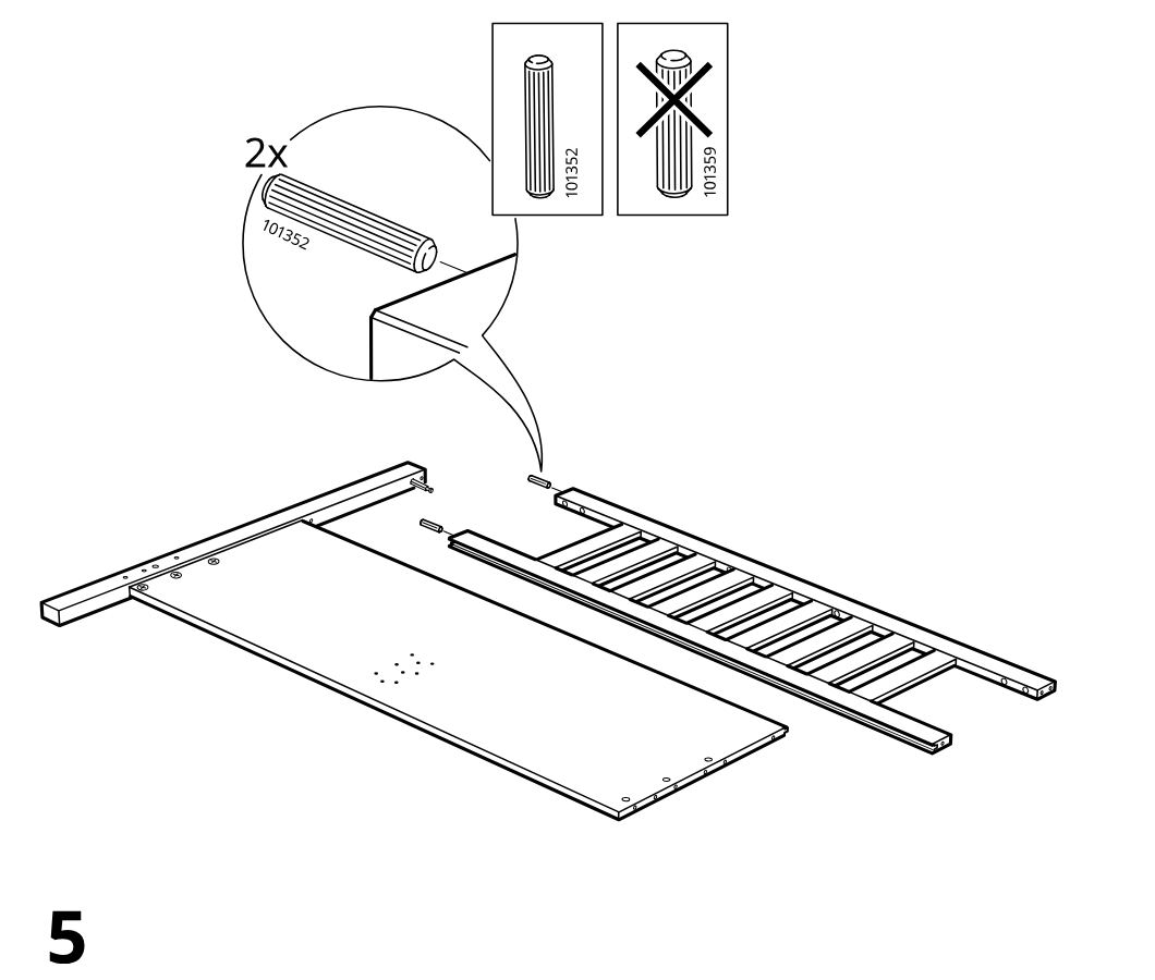 Diagram for step 4: Two 101352 dowels are inserted into the rail and panel assembly, with a callout indicating to use 101352 and not 101359.