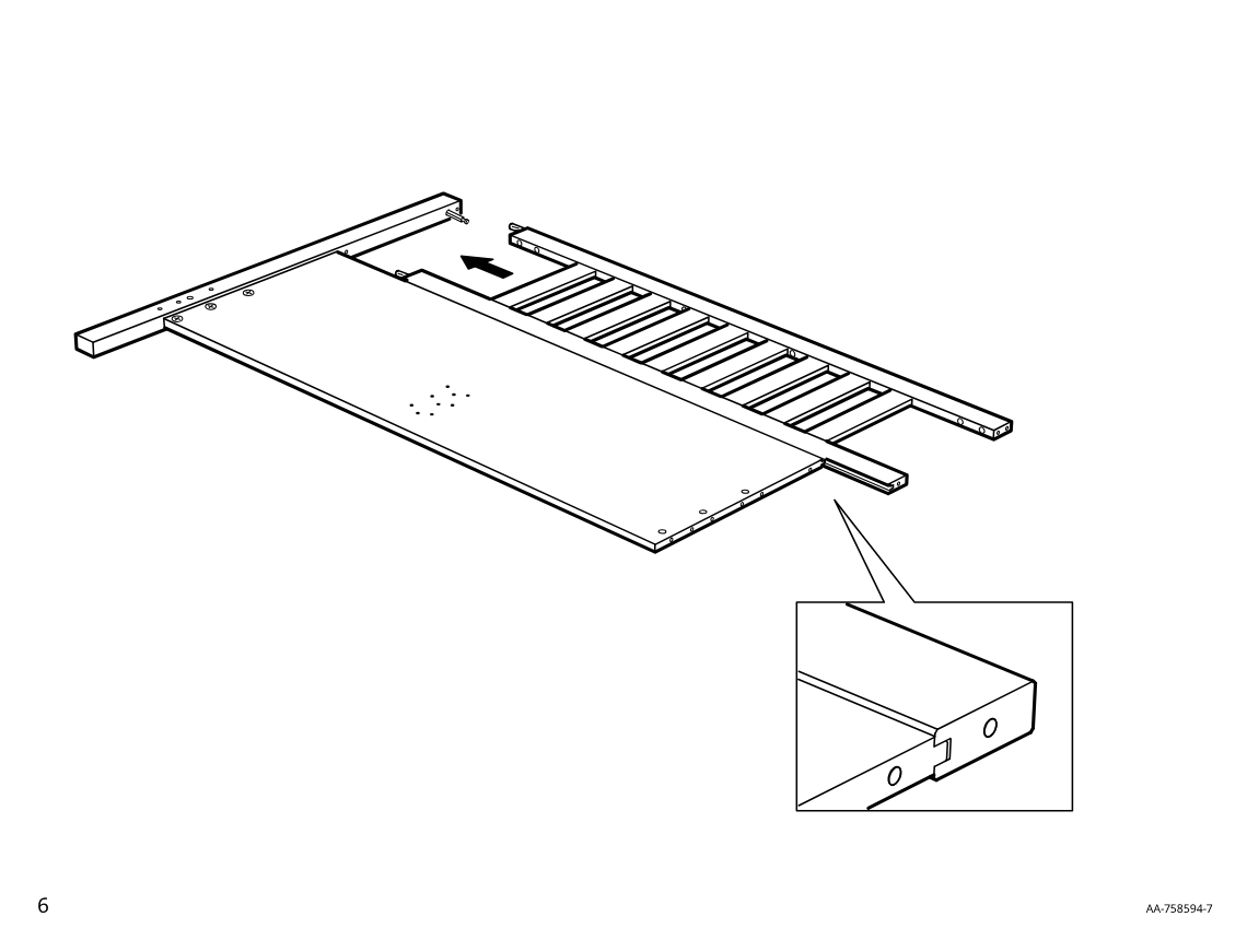 Diagram for step 5: The short slatted section is slid inward along the rails to align and lock into the panel, with a zoom inset showing the joint detail.